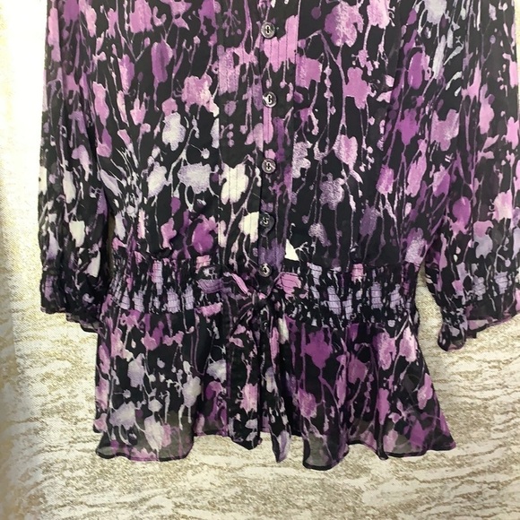 JM collection Petite Black/Purple Floral Print Semi Shear Blouse Size 8P - Picture 4 of 14